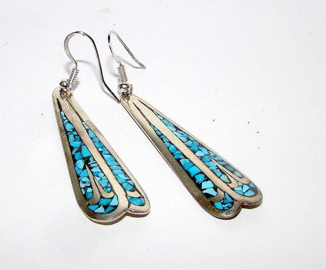 Navajo Charlie Singer Earrings: Navajo Charie Singer Earrings, sterling, turquoise, stamped, signed. 2 3/8" long