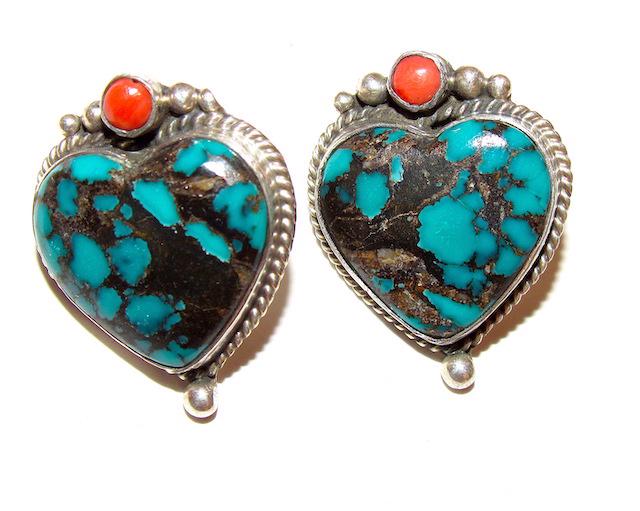 Navajo Sterling Turquoise Coral Heart Earrings: Navajo Sterling Turquoise Coral Heart Earrings. Marked "BAL", turquoise. 1 1/8" by 1"