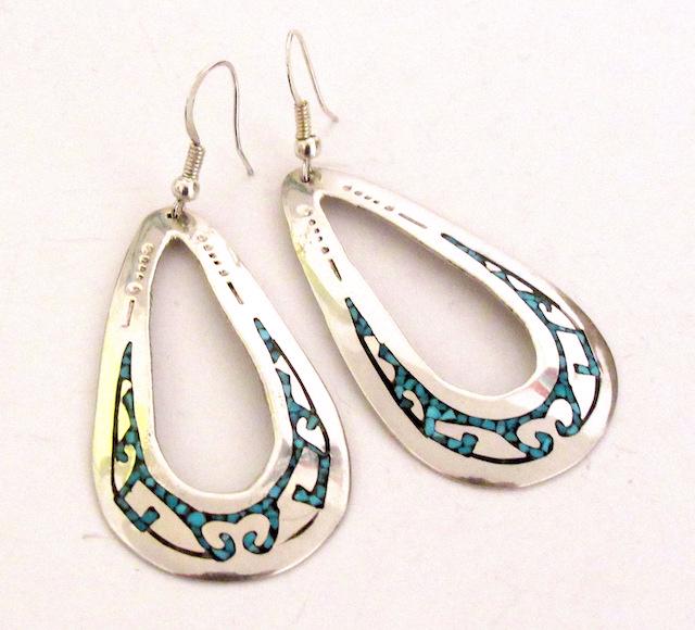 Navajo Charlie Singer Sterling Turquoise Earrings: Navajo Charlie Singer Sterling Turquoise Earring. Singed, marked, tested. Measure 2 1/2" by 1"