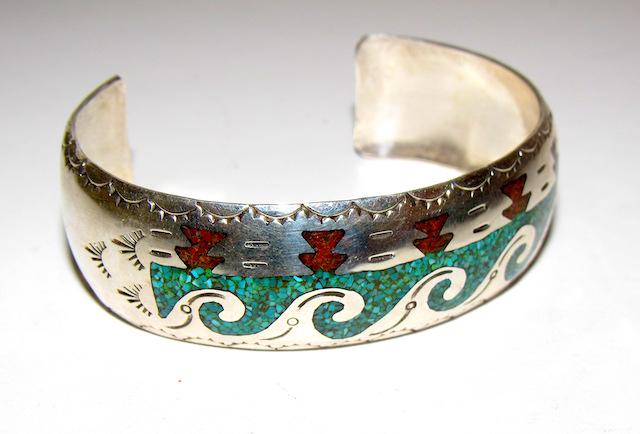 Navajo Sterling Turquoise Coral Inlay Bracelet (1 of 3)