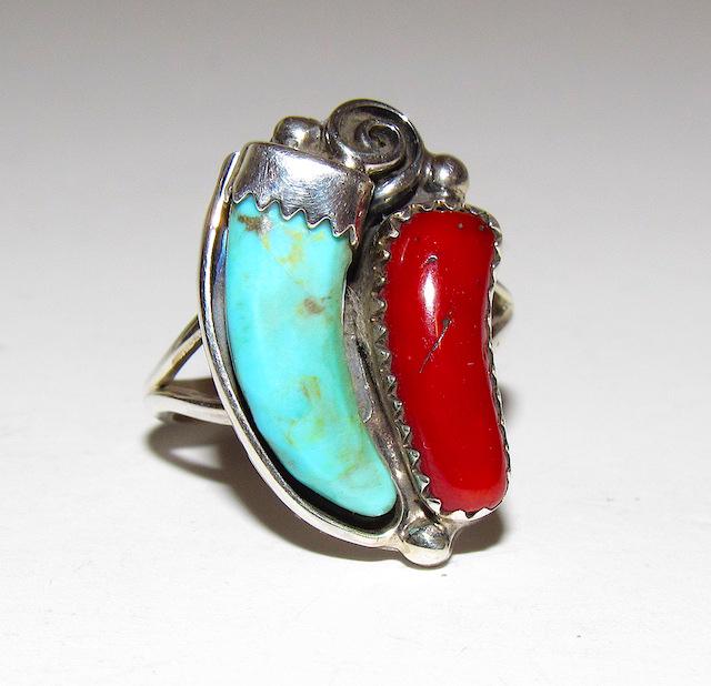 Navajo Turquoise Coral Claw Ring Sz. 7.5: Navajo Turquoise Coral Claw Ring Sz. 7.5. Sterling silver, Royston turquoise, Mediterranean coral. Singed, marked, tested.