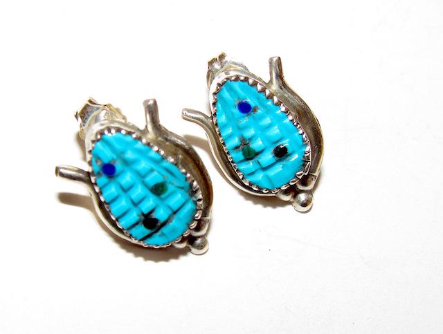 Zuni Sterling Turquoise Corn Earrings: Zuni Sterling Turquoise Corn Earrings. Post type earrings. Measure 5/8" by 1/2".