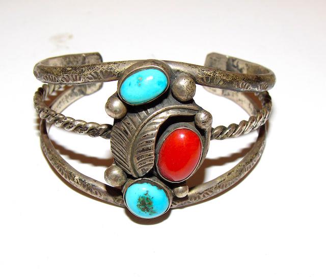 Old Pawn Navajo Sterling Turquoise Coral Bracelet (1 of 3)