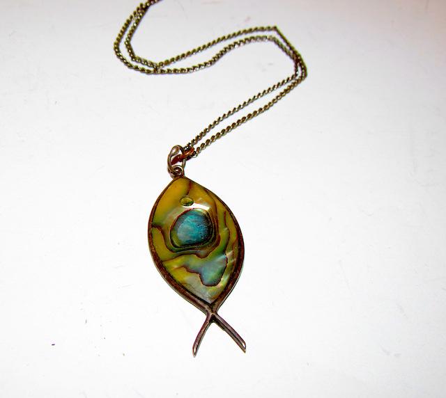 Mexico 925 Taxco Abalone Fish Pendant Necklace: Mexico 925 Taxco Abalone Fish Pendant Necklace. 18" sterling chain, 2" by 7/8" pendant. Hallmarked, stamped 925