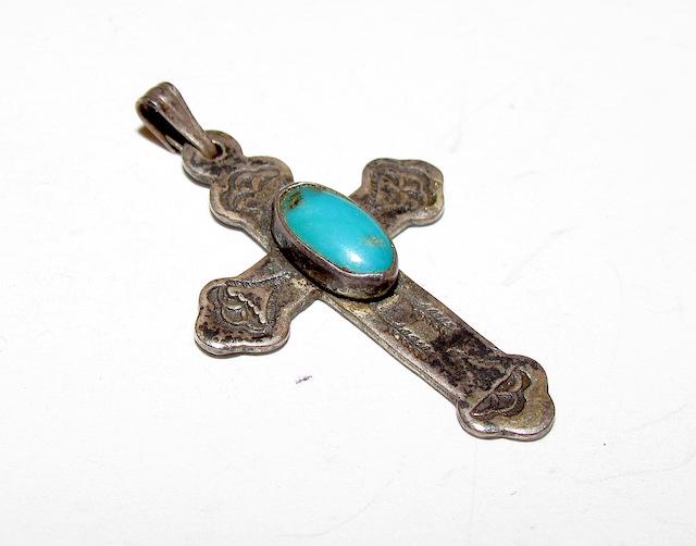 Native American Fred Harvey Era Cross Pendant: Native American Fred Harvey Era Cross Pendant or Charm. Sterling silver, turquoise. Heavy patina. Unmarked as most vintage Native pieces and has been tested for silver content.
