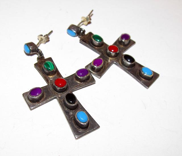 Mexico 925 Taxco Gemstone Cross Earrings: Mexico 925 Taxco Gemstones Cross Earrings. Marked 925. Measure 2" long. Pierced type earrings