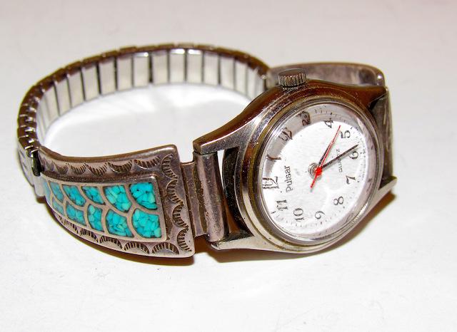 Old Pawn Navajo Sterling Turquoise Watch: Old Pawn Navajo Sterling Turquoise Watch. Adjustable Band. Turquoise chip inlay fish scale design on the tips.