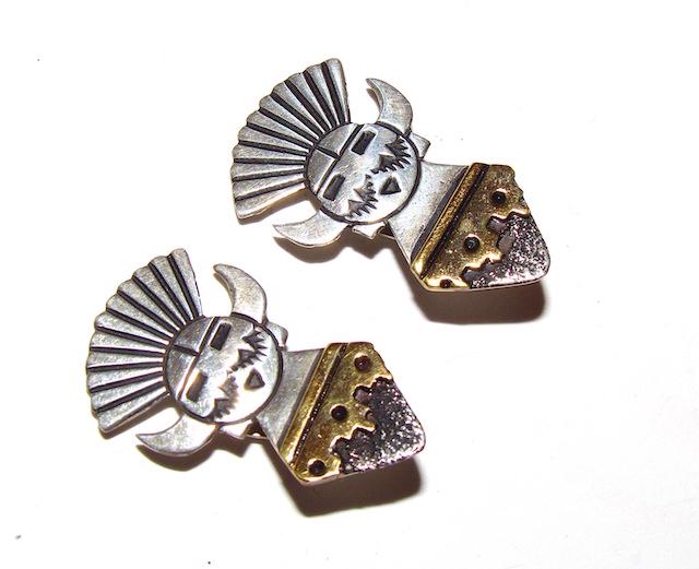Navajo Tommy Singer Kachina Earrings: Navajo Tommy Singer Kachina Earrings. Sterling silver, gold accents. Clip on style. 1 1/4" tall. Award winning, highly collectible and sought after artist. Singed, marked, tested.
