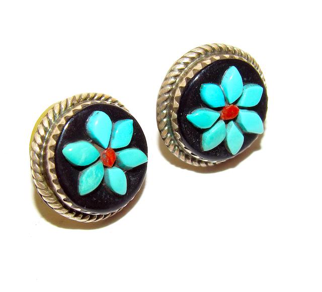 Zuni Sterling Turquoise Flower Post Earrings (1 of 3)
