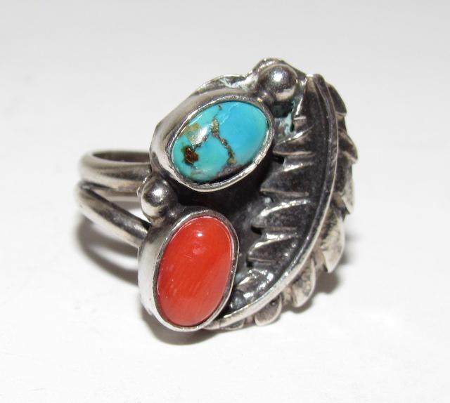 Old Pawn Navajo Sterling Turquosie Coral Ring Sz. 6.5 (1 of 3)