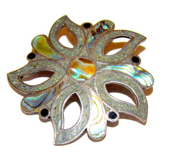 Mexico 925 Taxco Abalone Brooch: Mexico 925 Taxco Abalone Brooch. 1 3/4" in diameter. Marked 925, features a Taxco artist hallmark