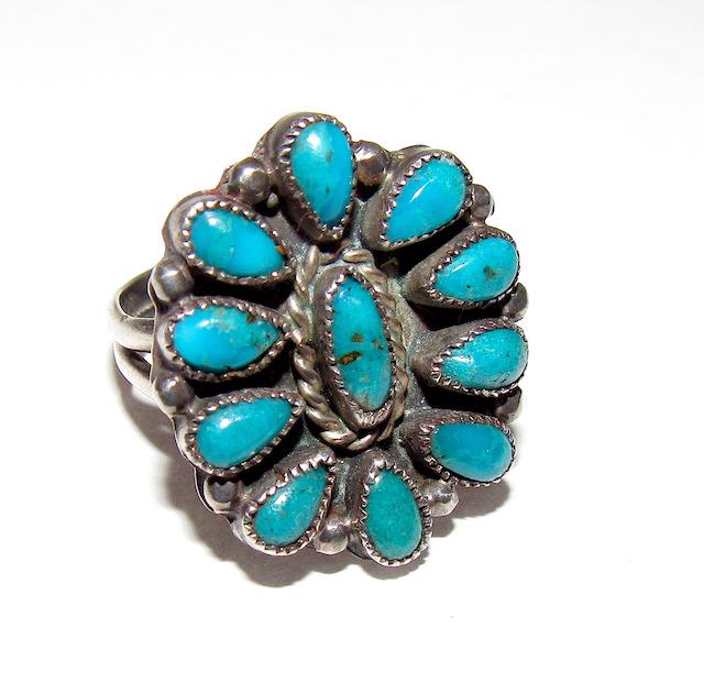 Old Pawn Navajo Sterling Turquoise Cluster Ring Sz. 8 (1 of 3)