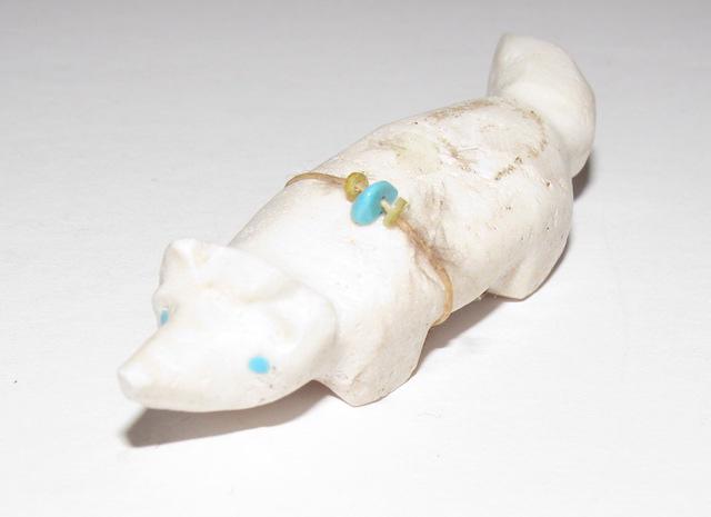 Vintage Zuni Fox Fetish: Vintage Zuni Fox Fetish. White soapstone, turquoise accents. Measures 2 3/4" by 3/4"