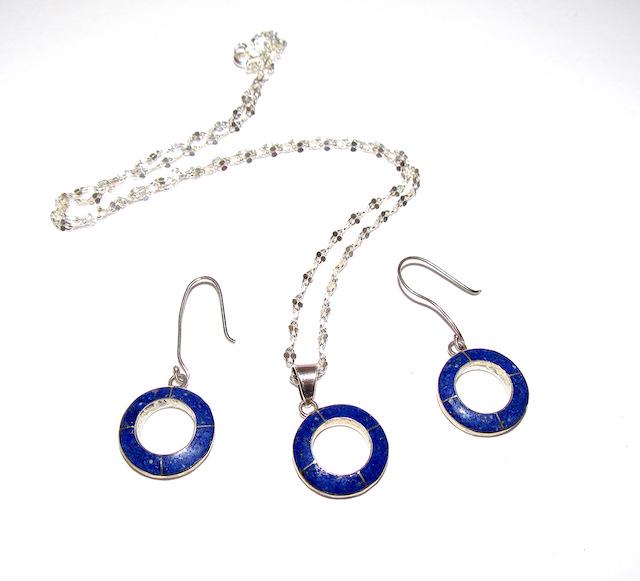 925 Deco Style Lapis Inlay Earrings Pendant Necklace (1 of 3)