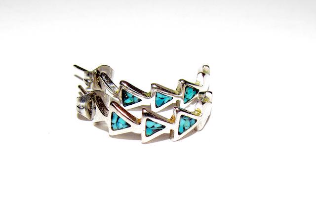 Vintage Navajo Sterling Turquoise Chip Inlay Hoops: Vintage Navajo Sterling Turquoise Chip Inlay Hoops. About 7/8". Unmarked as most vintage Native pieces and have been tested for silver content.