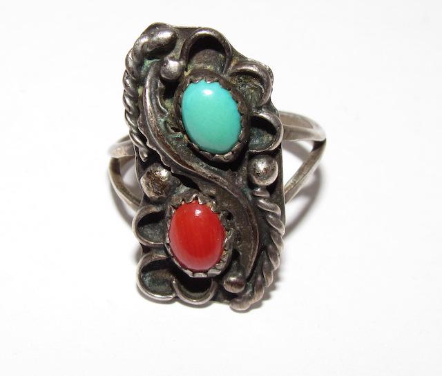 Old Pawn Sterling Turquoise Coral Ring Sz. 6.5 (1 of 3)