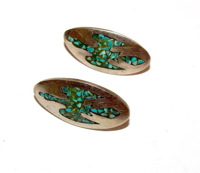 Navajo Tommy Singer Peyote Bird Earrings: Navajo Tommy Singer Peyote Bird Earrings. Sterling, chip inlay turquoise. 1 1/4" tall. Singed, marked, tested.