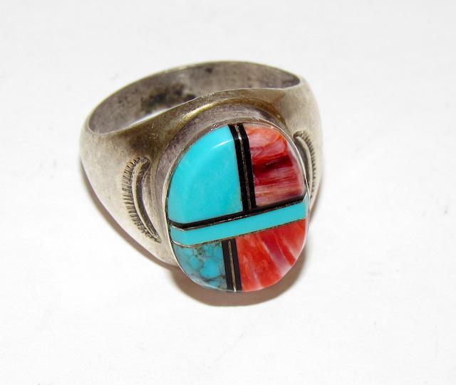 Old Pawn Navajo Sterling Stone Inlay Ring Sz. 10.5 (1 of 3)