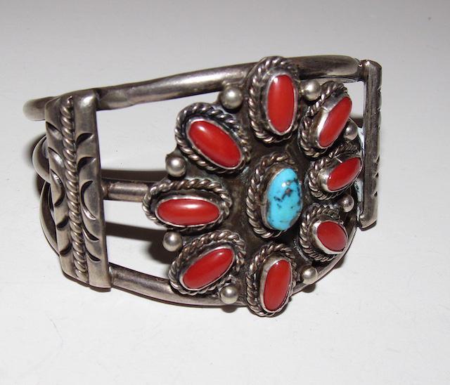 Old Pawn Navajo Sterling Turquoise Coral Cuff Bracelet (1 of 3)