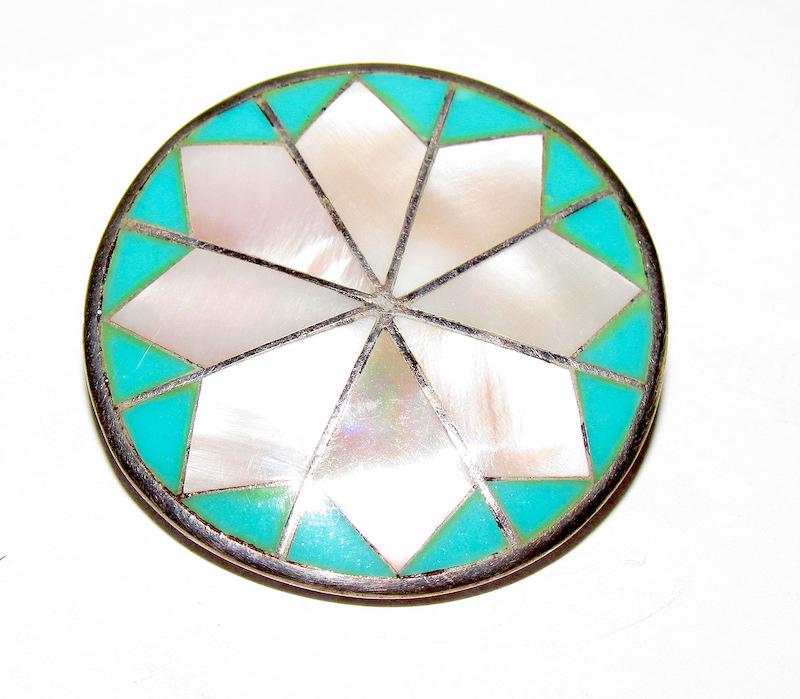 Vintage Zuni Sterling Turquoise Mop Pin Pendant: Vintage Zuni Sterling Turquoise Mop Pin Pendant. Measures about 1 1/4" in diamter. Singed, marked, tested.