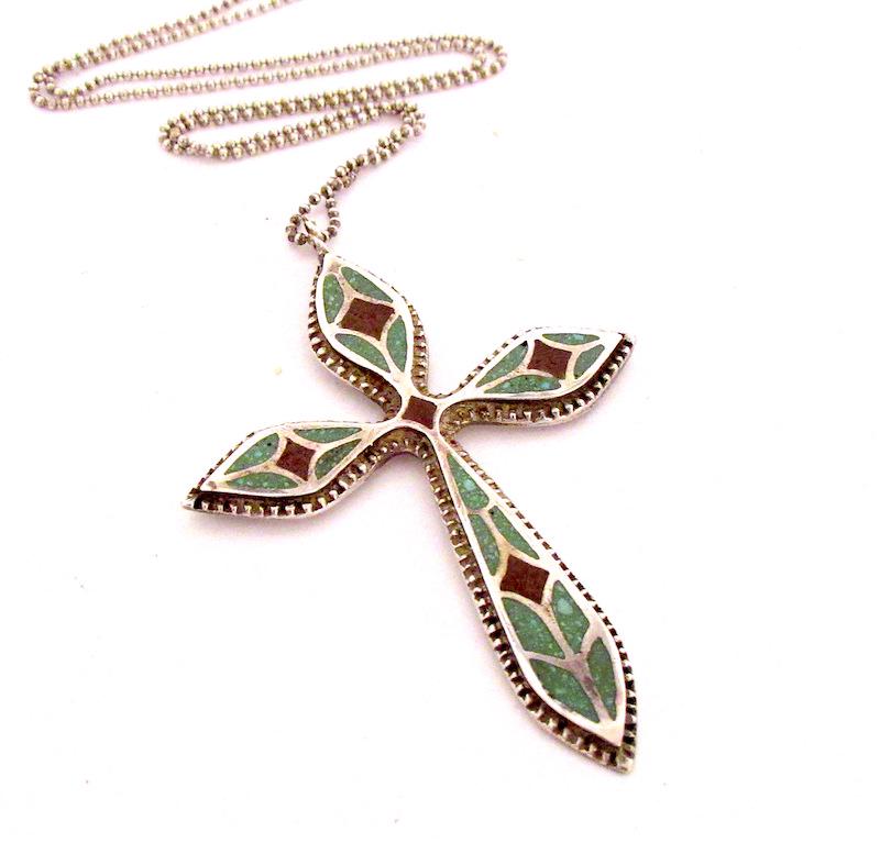 Navajo Sterling Turquoise Coral Cross Pendant Necklace (1 of 3)