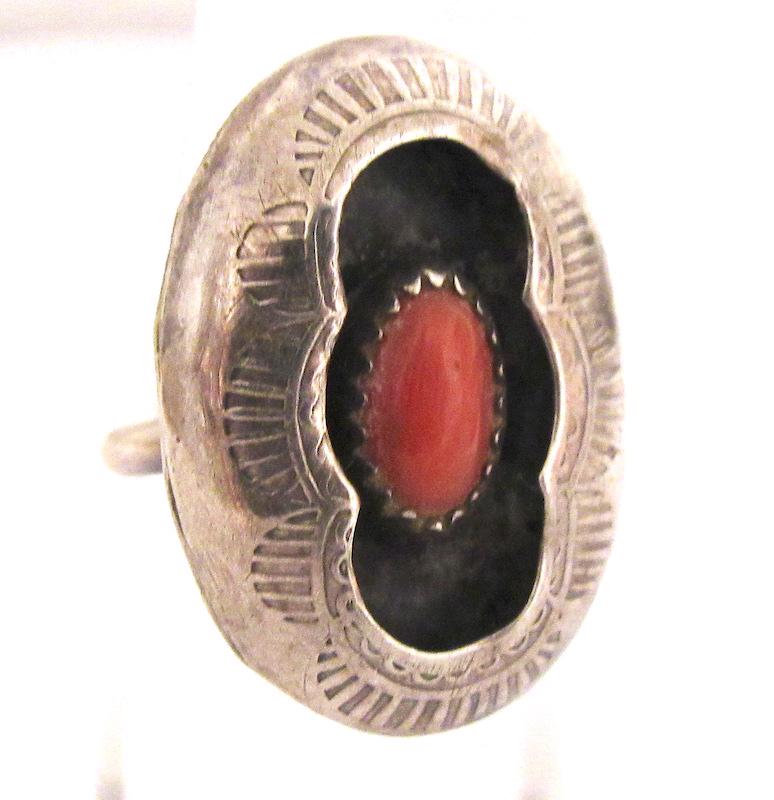 Old Pawn Navajo Sterling Coral Ring Sz. 4.5 (1 of 3)