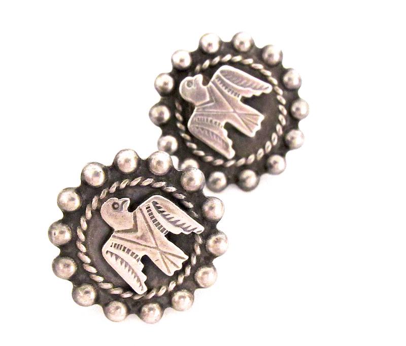 Natve Fred Harvey Era Thunderbird Scew Back Earrings: Natve Fred Harvey Era Thunderbird Scew Back Earrings. Sterling tested, marked. Measure a little under 1" in diameter