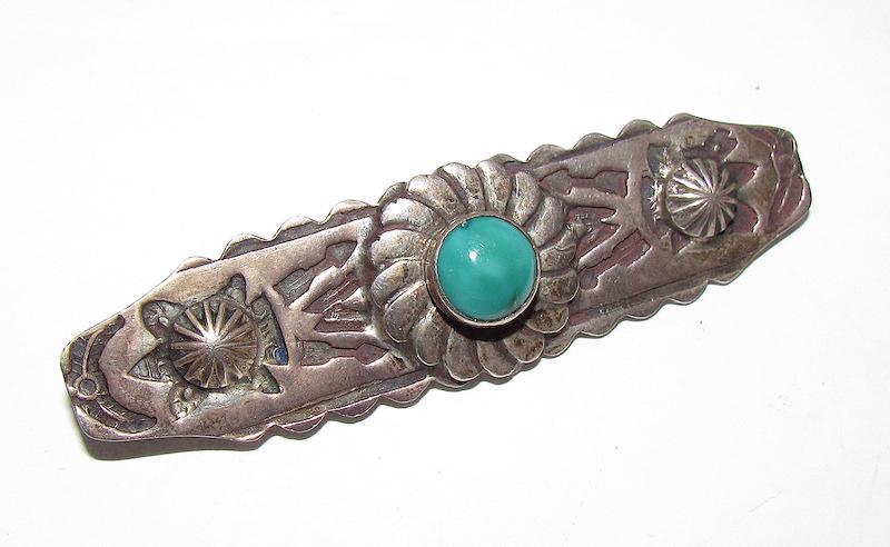 Navajo Fred Harvey Era Sterling Turquoise Brooch: Navajo Fred Harvey Era Sterling Turquoise Brooch . 3" long by 3/4" wide. Unmarked as most vintage Native pieces and has been tested for silver content.