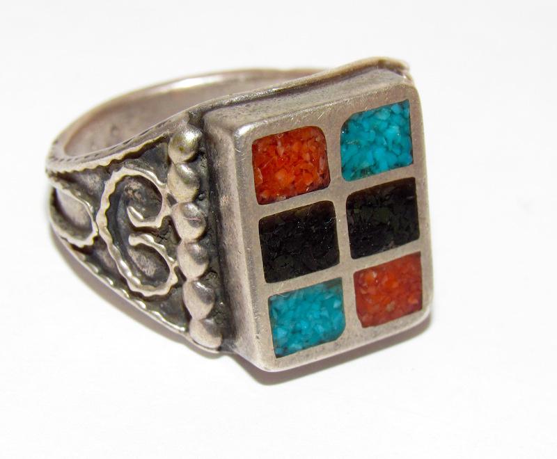 Vintage Navajo Sterling Multi Stone Inlay Ring Sz. 10.5 (1 of 3)