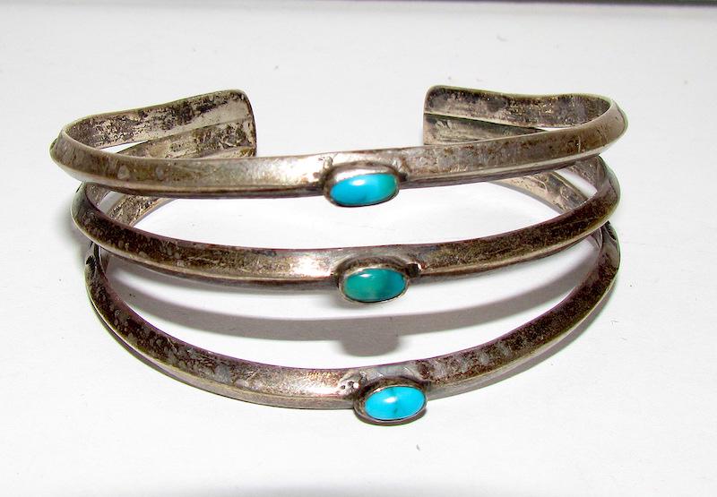 Old Pawn Navajo Sterling Turquoise Cuff: Old Pawn Navajo Sterling Turquoise Cuff. Fred Harvey Era, early Native piece. 30g, 1" wide. The inside circumference is about 6 3/4”, the cuff can be carefully adjusted. Unmarked as most vintage