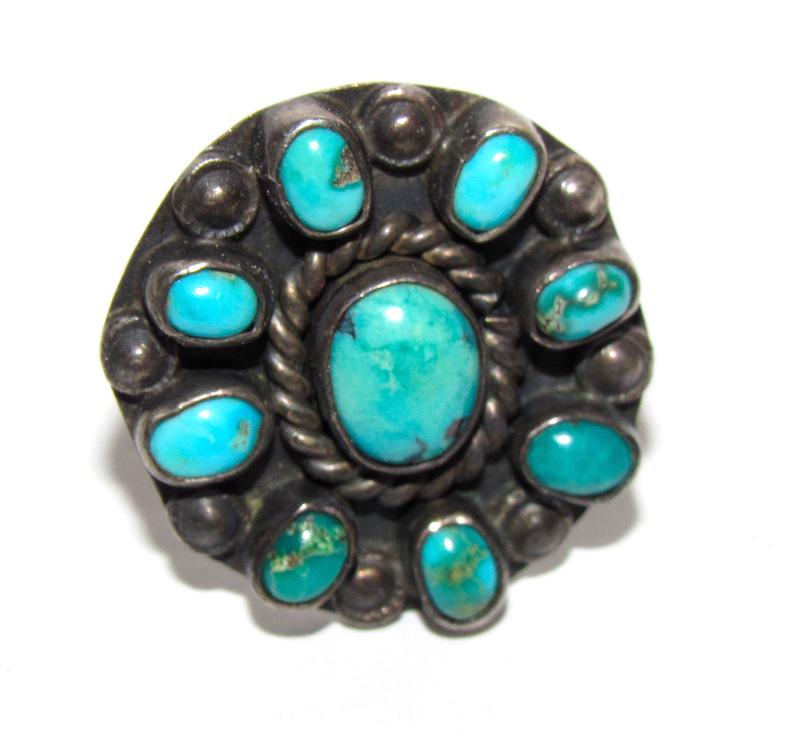 Old Pawn Navajo Sterling Turquoise Cluster Ring Sz. 9 (1 of 3)