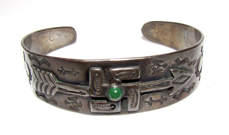 Rare Fred Harvey Era Whirling Logs Coin Silver Cuff: Rare Fred Harvey Era Whirling Logs Coin Silver Turquoise Cuff Bracelet. Stamped with an arrowhead hallamrk, marked "IH" for Indian Handmade. Stamped "Coin Silver". Rare early Native collector piece. T