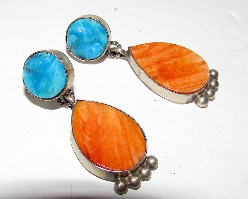 Navajo Selena Warner Sterling Turquoise Spiny Earrings: Navajo Selena Warner Sterling Turquoise Orange Spiny Oyster Earrings. 1 3/4" long. Singed, marked, tested.