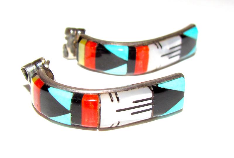 Zuni Sterling Inlay Earrings Boone: Zuni Sterling Inlay Earrings. Singed Boone, sterling tested. Sterling silver and multi stone inlay design. Measure 1 1/4" long