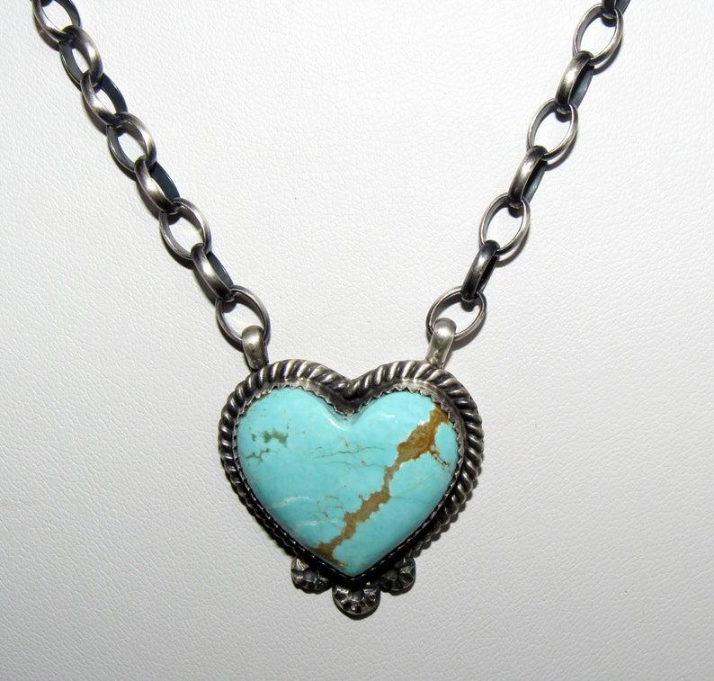 Navajo Heart Bar Necklace Dry Creek Turquoise Sterling: For your consideration is this fab Navajo sterling silver and Dry Creek turquoise bar necklace. The necklace is about 19" and the length is adjustable from choker to full length. The necklace features
