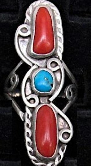 Navajo Turquoise Coral Statement Ring Size 6 Vintage (1 of 2)