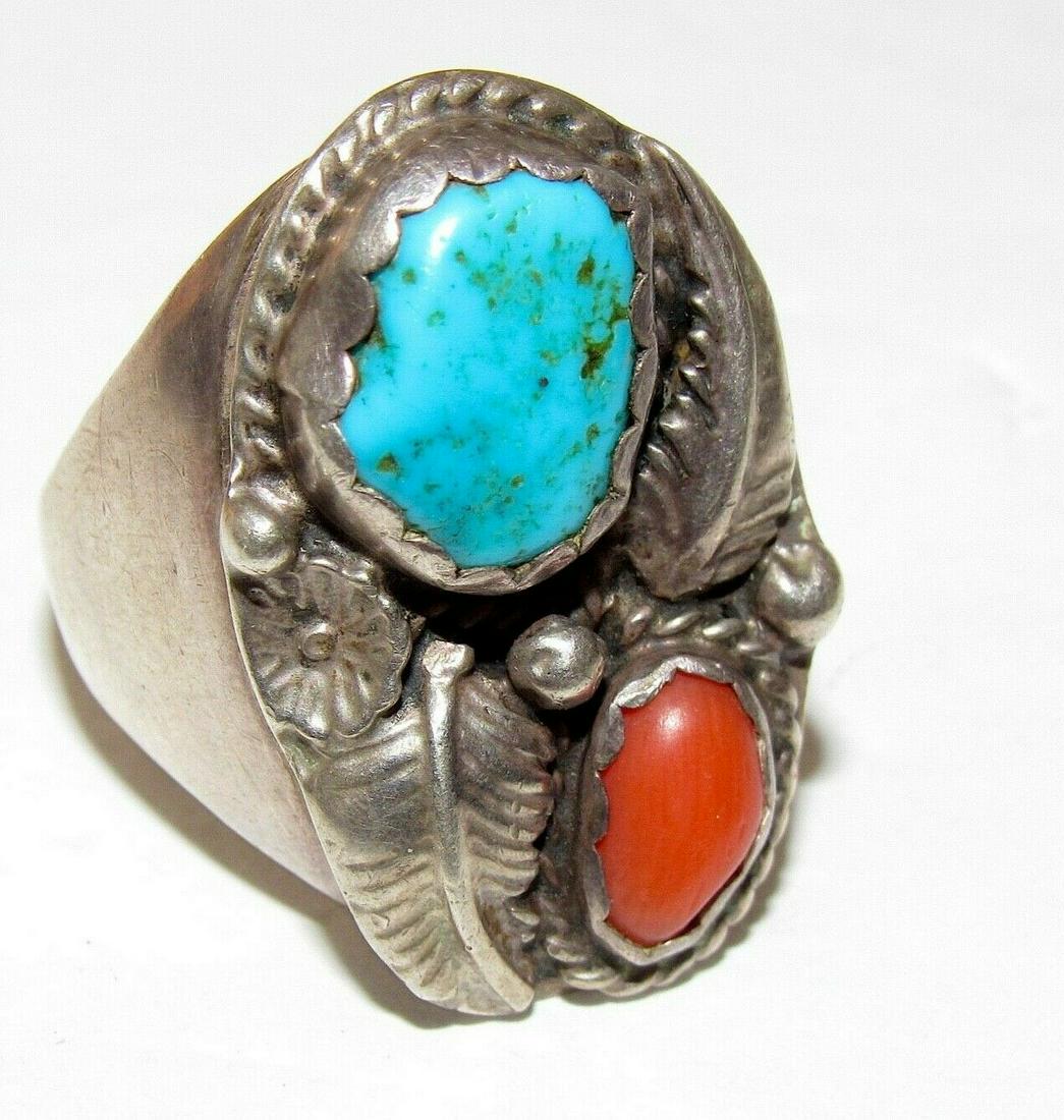 Old Pawn Navajo Sterling Turquoise Coral Statement Ring (1 of 3)