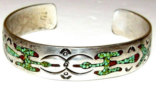 Colorful Native American Navajo Lapis Coral Jet Inlay Kokopelli Sterling Silver Bracelet Colorful Native American Navajo Lapis Coral Jet Inlay Kokopelli Sterling Silver Bracelet