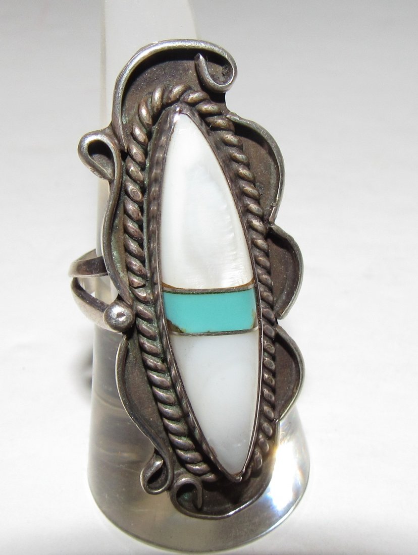 Old Pawn Navajo Ring Size 8 Sterling Silver Inlay (1 of 3)