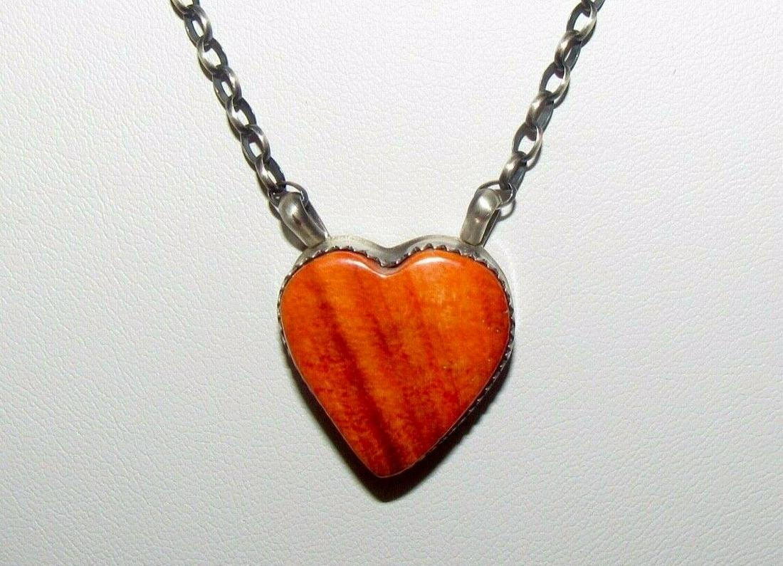 Navajo Heart Bar Necklace Orange Spiny Oyster Sterling: For your consideration is this fab Navajo sterling silver and orange spiny oyster bar necklace. The necklace is about 18" and the length is adjustable from choker to full length. The necklace weighs a