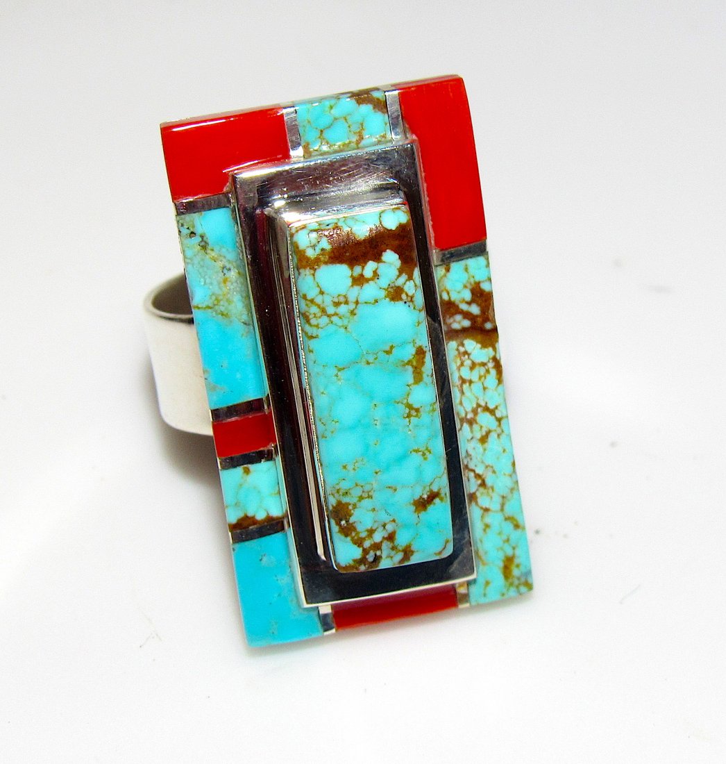 Navajo Number 8 Turquoise Coral Ring Sz 8 Sterling L. (1 of 3)