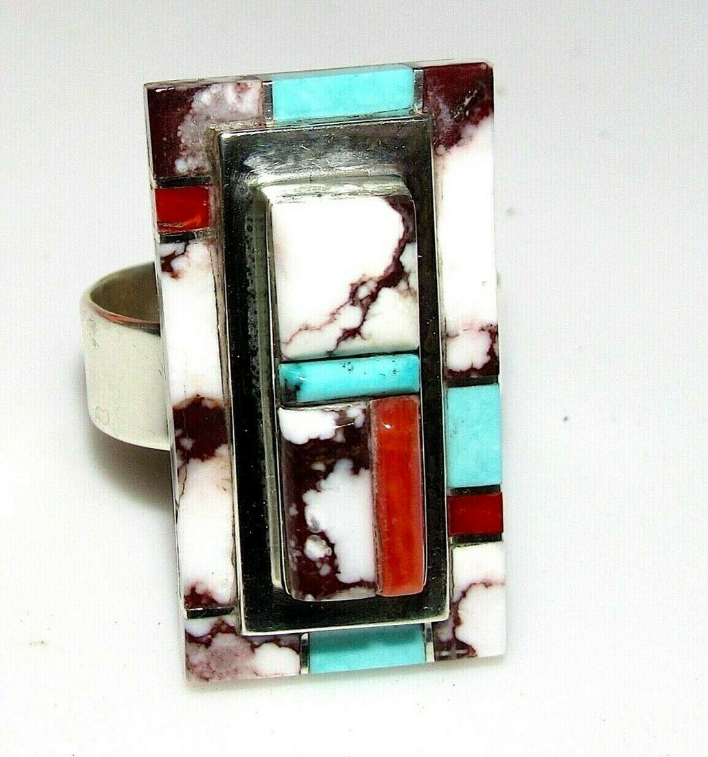 Navajo Number 8 Turquoise White Buffalo Coral Ring Sz (1 of 4)