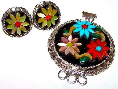 Zuni Inlay Earrings Pendant Set Sterling Turquoise (1 of 2)