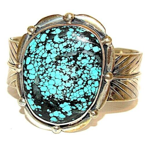 Navajo Adam Fierro Spiderweb Turquoise Sterling Cuff (1 of 4)