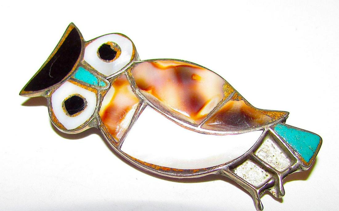 Old Pawn Zuni Owl Pin Brooch Sterling Silver Turquoise (1 of 1)