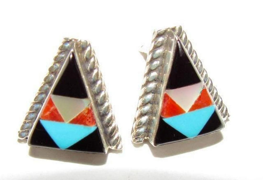 Zuni Inlay Post Earrings Turquoise Coral Jet (1 of 2)