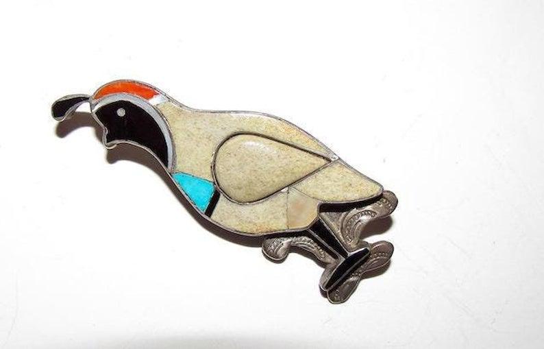 Zuni Inlay Quail Pin Pendant Sterling Silver Coral (1 of 3)