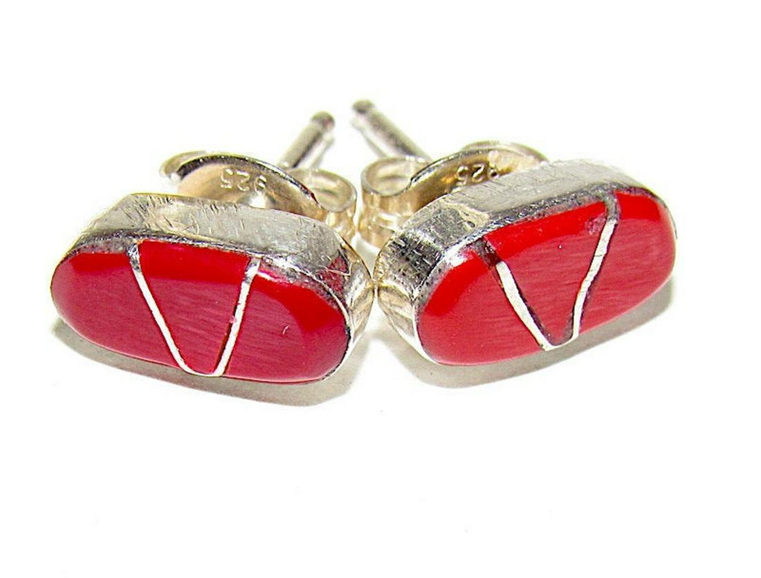 Zuni Coral Inlay Post Earrings Native American Vintage (1 of 4)