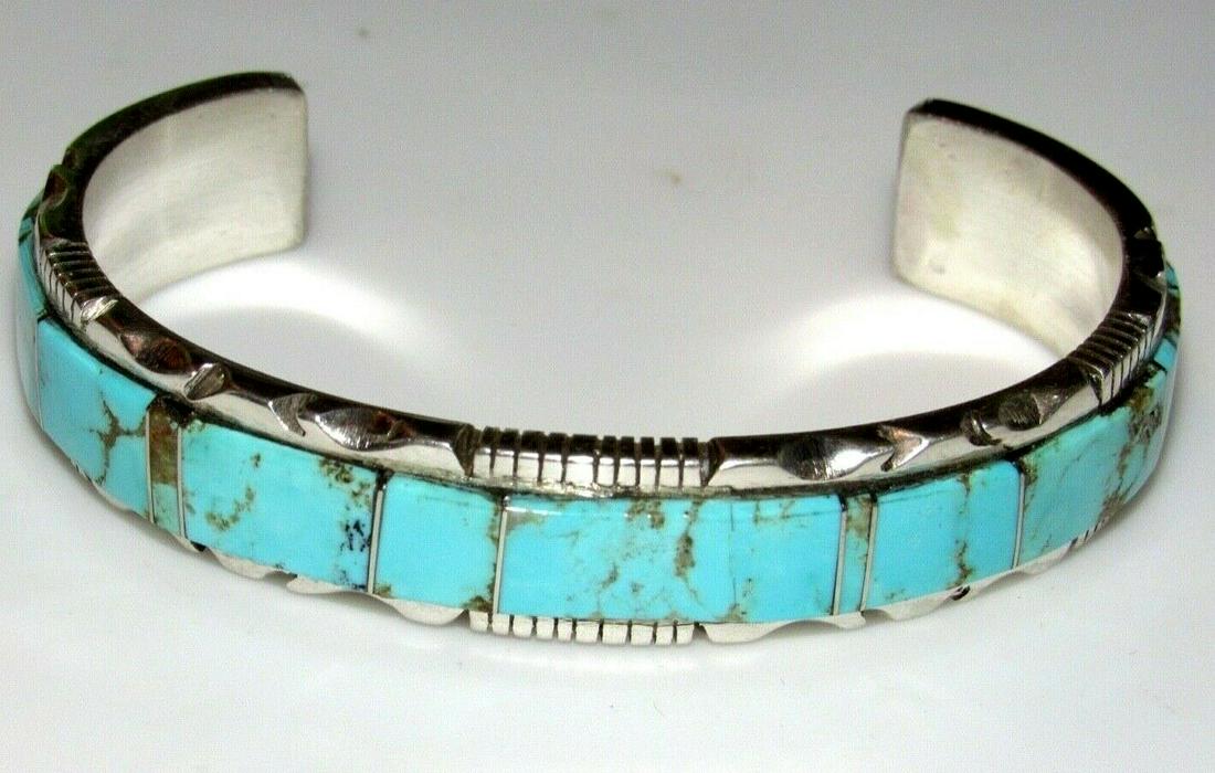 Navajo Number 8 Turquoise Inlay Cuff Bracelet Sterling (1 of 3)