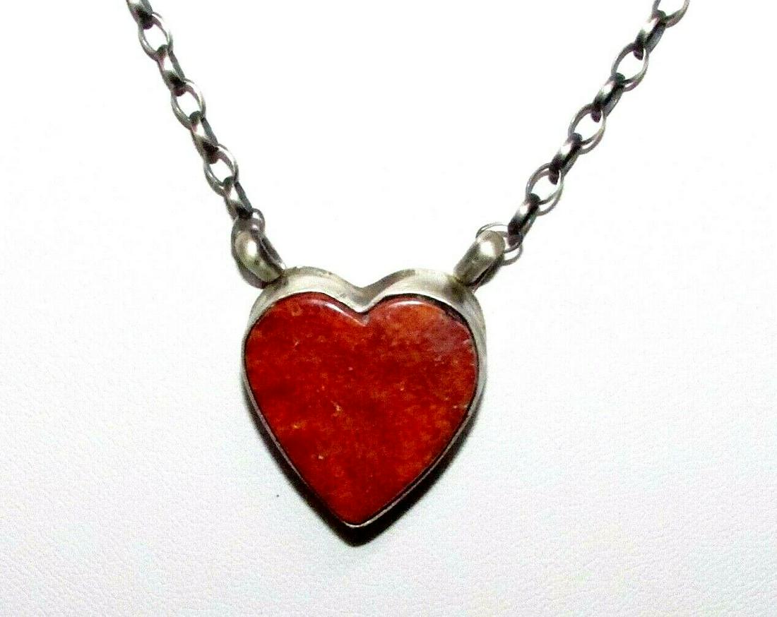 Navajo Heart Bar Necklace Orange Spiny Oyster Sterling: For your consideration is this fab Navajo sterling silver and orange spiny oyster bar necklace. The necklace is about 18" and the length is adjustable from choker to full length. The necklace weighs a